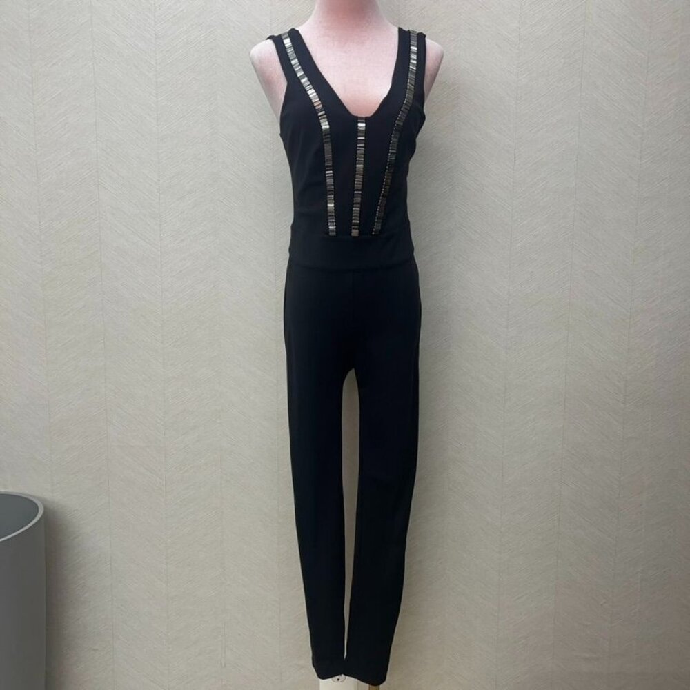 Bebe Black Plunge Neck Catsuit Jumpsuit Womens Size S